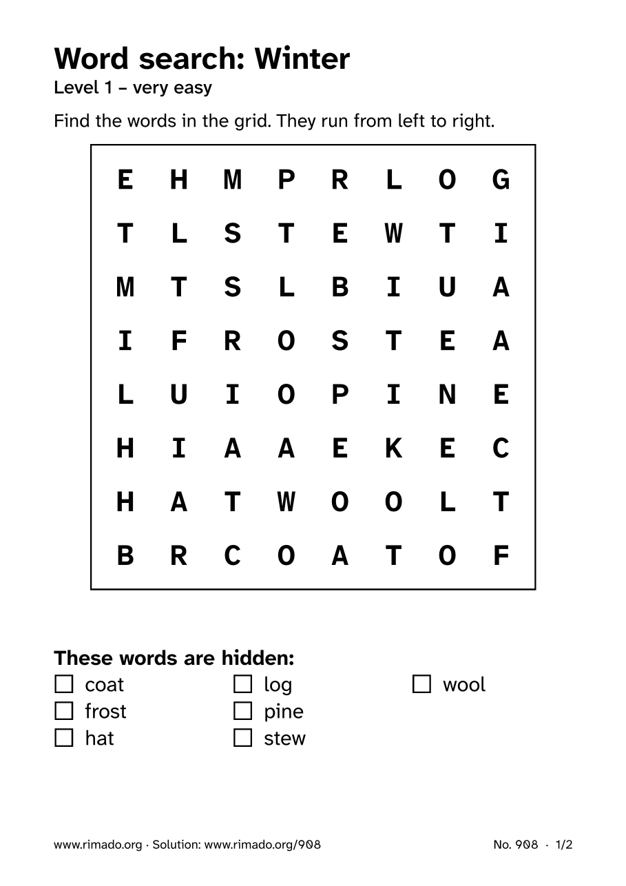 Preview of the printed page: Word search “Winter”, no. 908