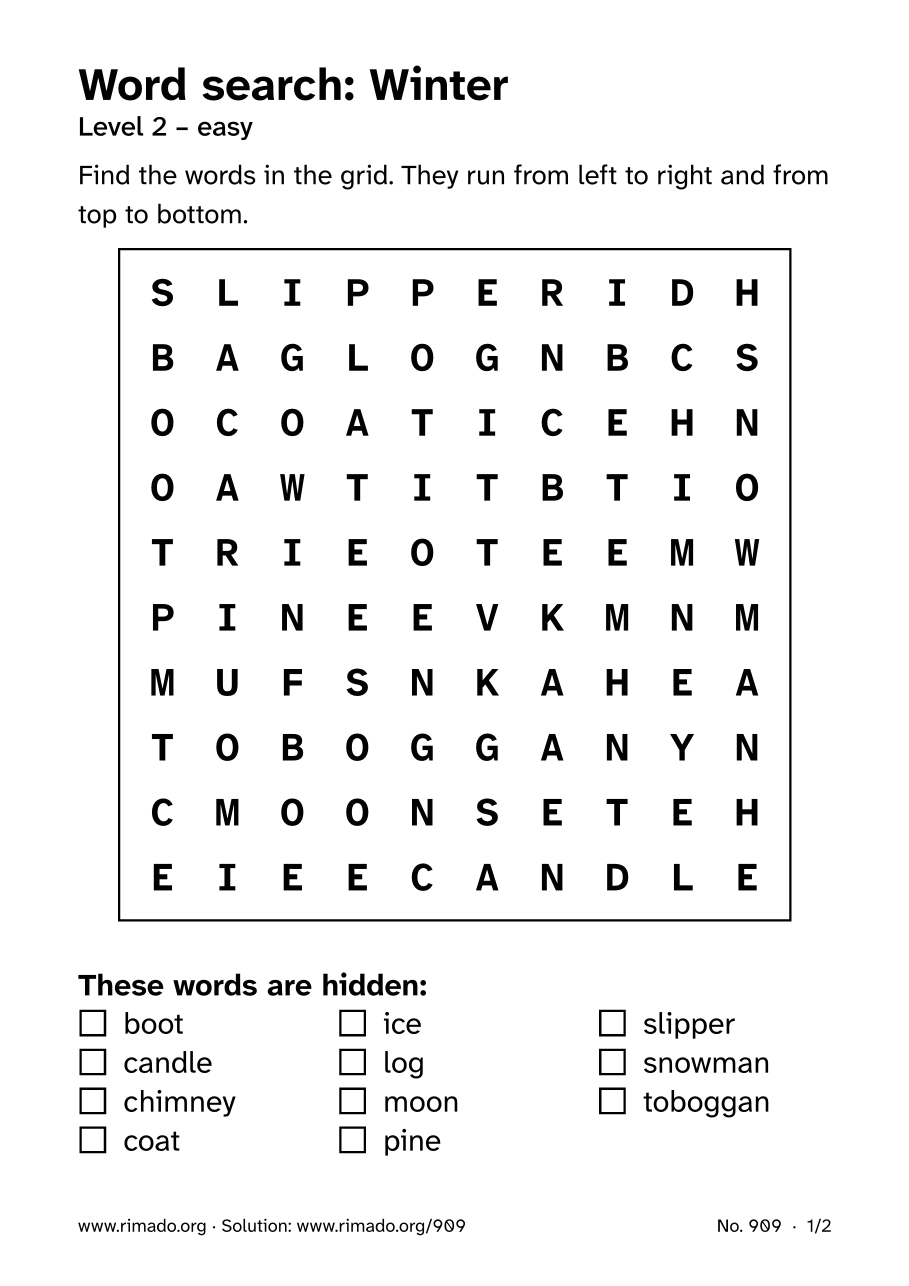 Preview of the printed page: Word search “Winter”, no. 909