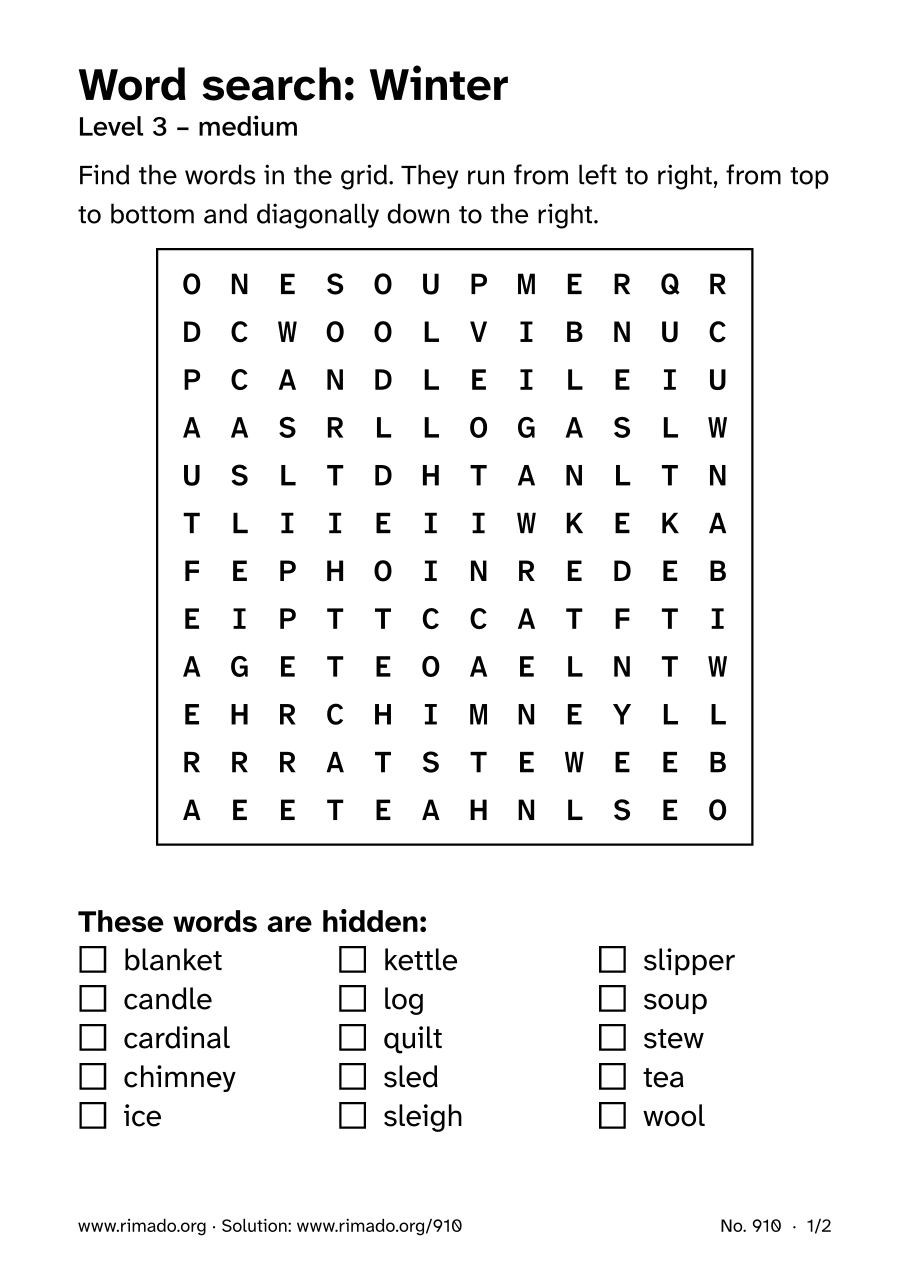 Preview of the printed page: Word search “Winter”, no. 910