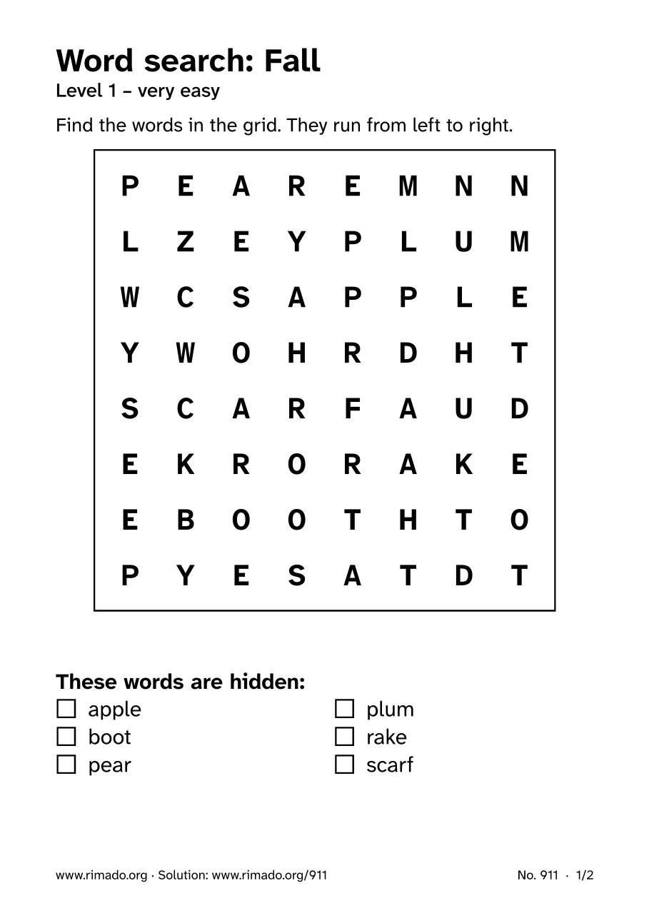 Preview of the printed page: Word search “Fall”, no. 911