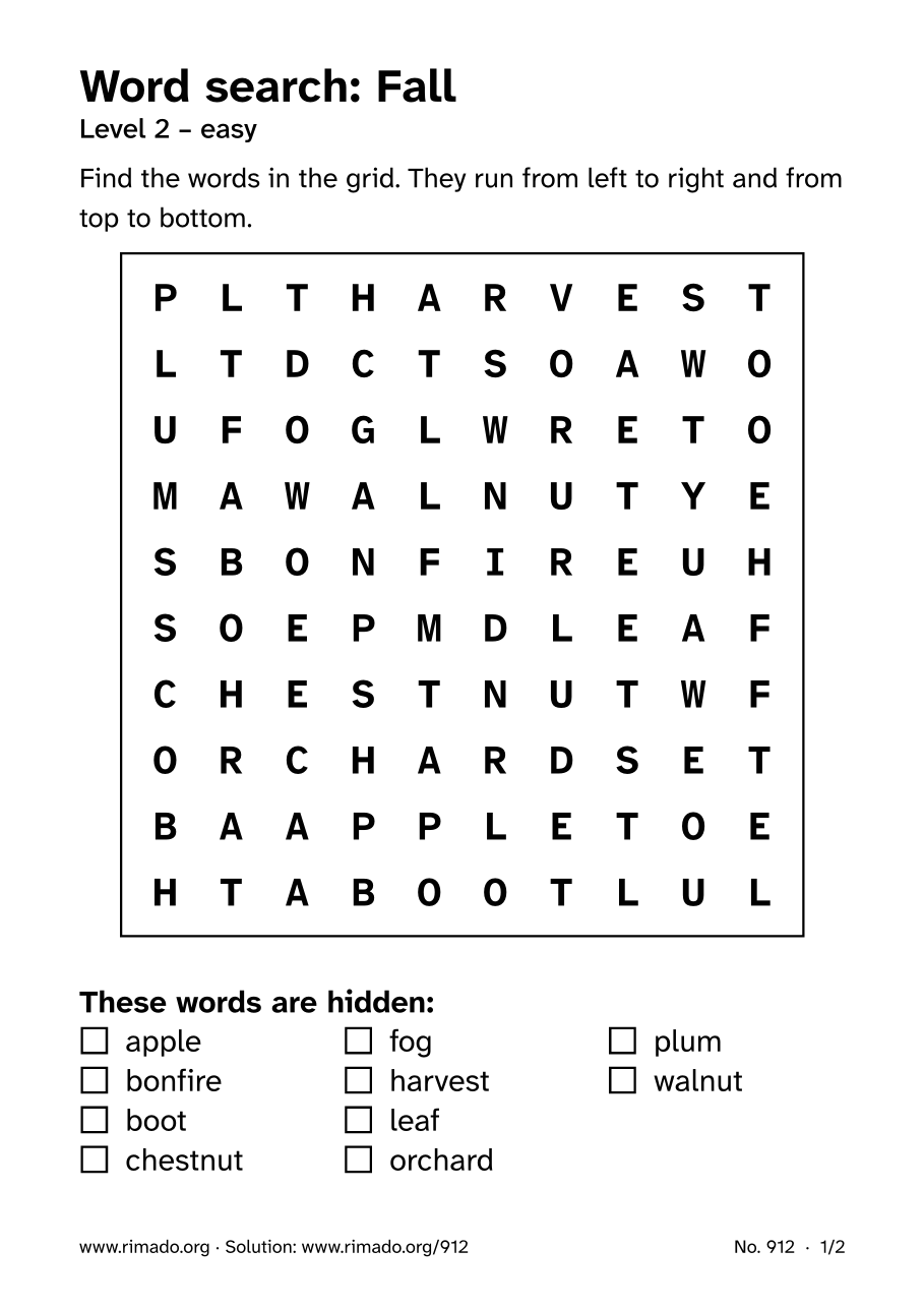Preview of the printed page: Word search “Fall”, no. 912