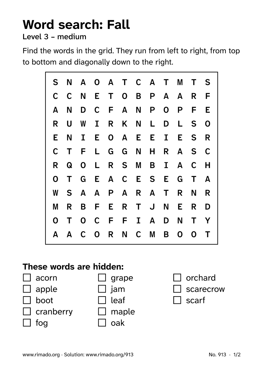 Preview of the printed page: Word search “Fall”, no. 913