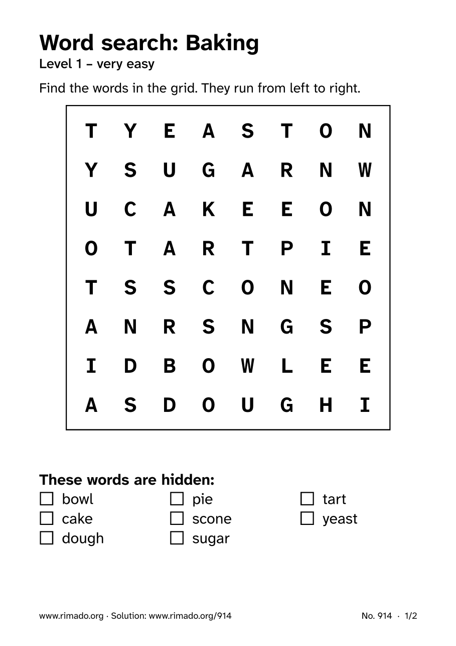 Preview of the printed page: Word search “Baking”, no. 914