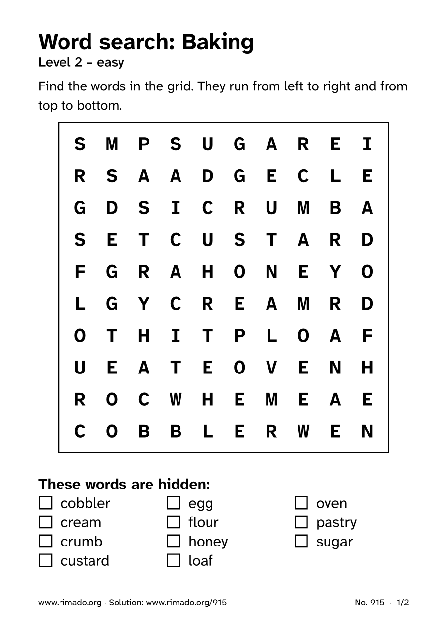 Preview of the printed page: Word search “Baking”, no. 915