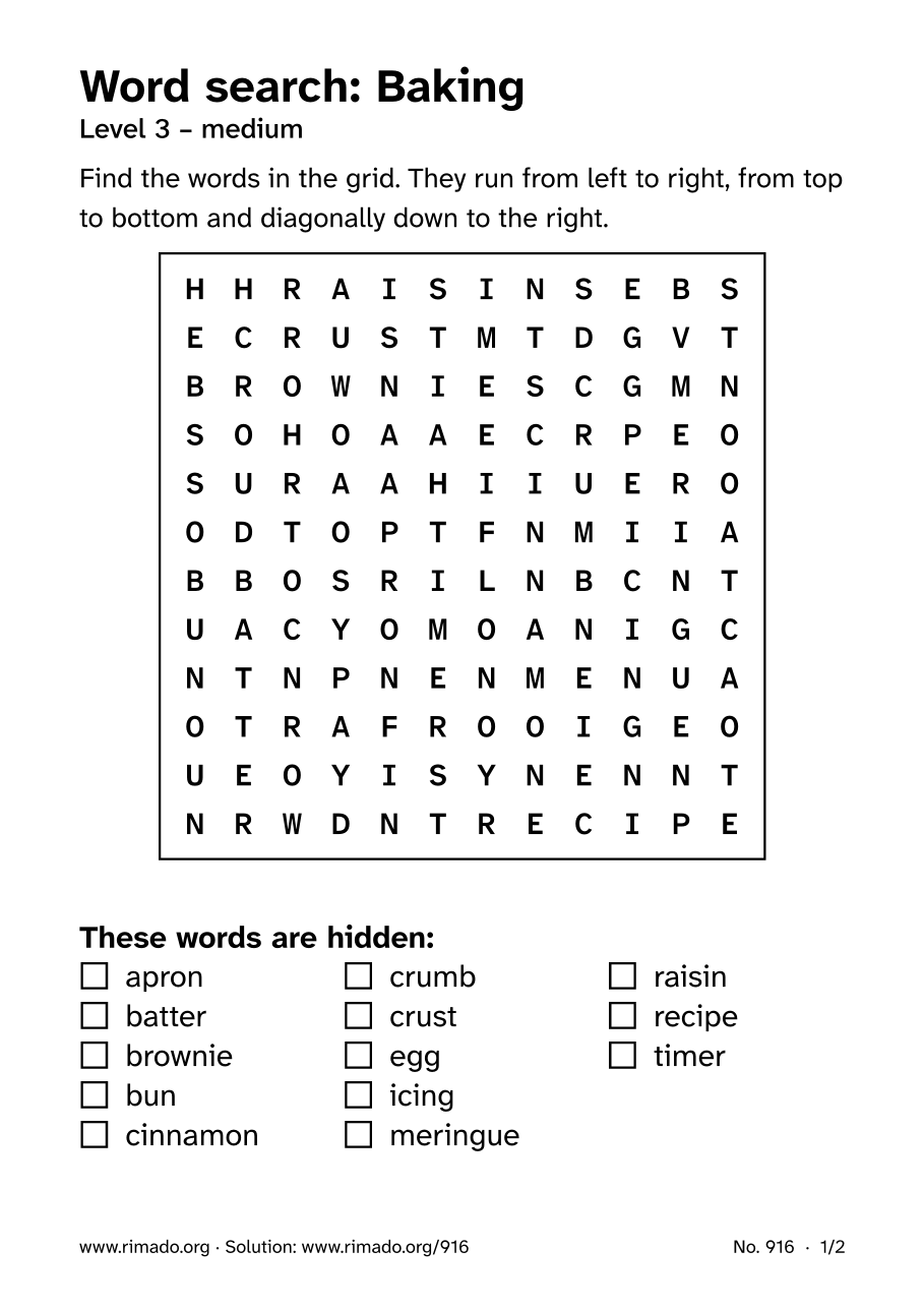 Preview of the printed page: Word search “Baking”, no. 916