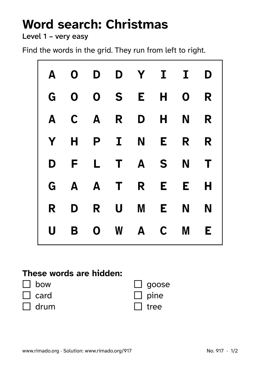 Preview of the printed page: Word search “Christmas”, no. 917