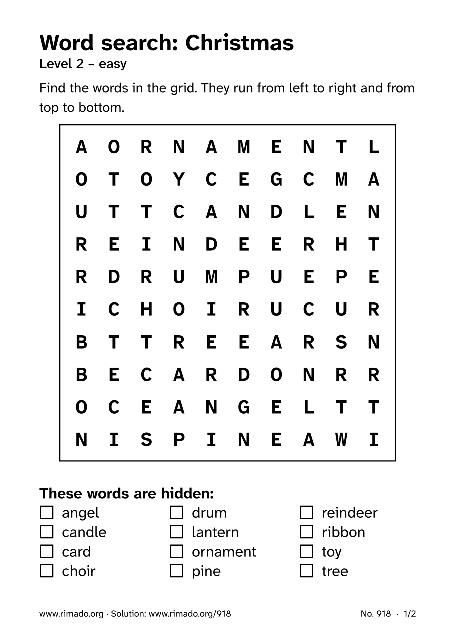 Preview of the printed page: Word search “Christmas”, no. 918