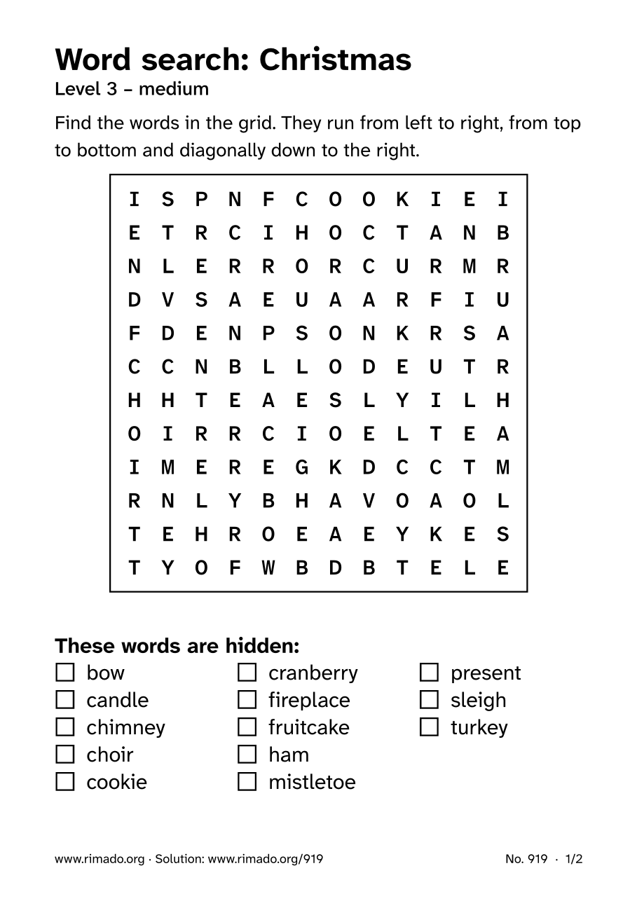 Preview of the printed page: Word search “Christmas”, no. 919