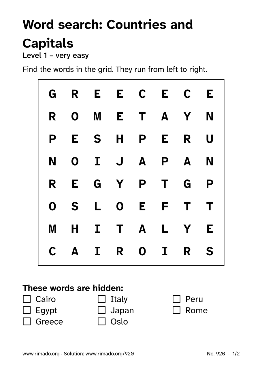 Preview of the printed page: Word search “Countries and Capitals”, no. 920
