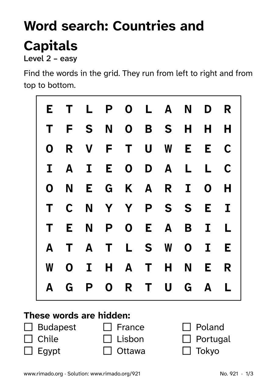 Preview of the printed page: Word search “Countries and Capitals”, no. 921