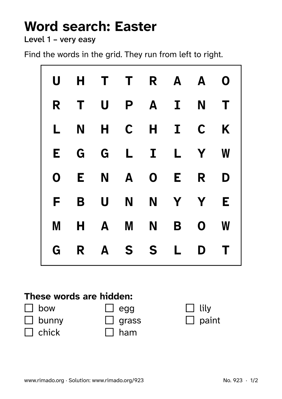 Preview of the printed page: Word search “Easter”, no. 923