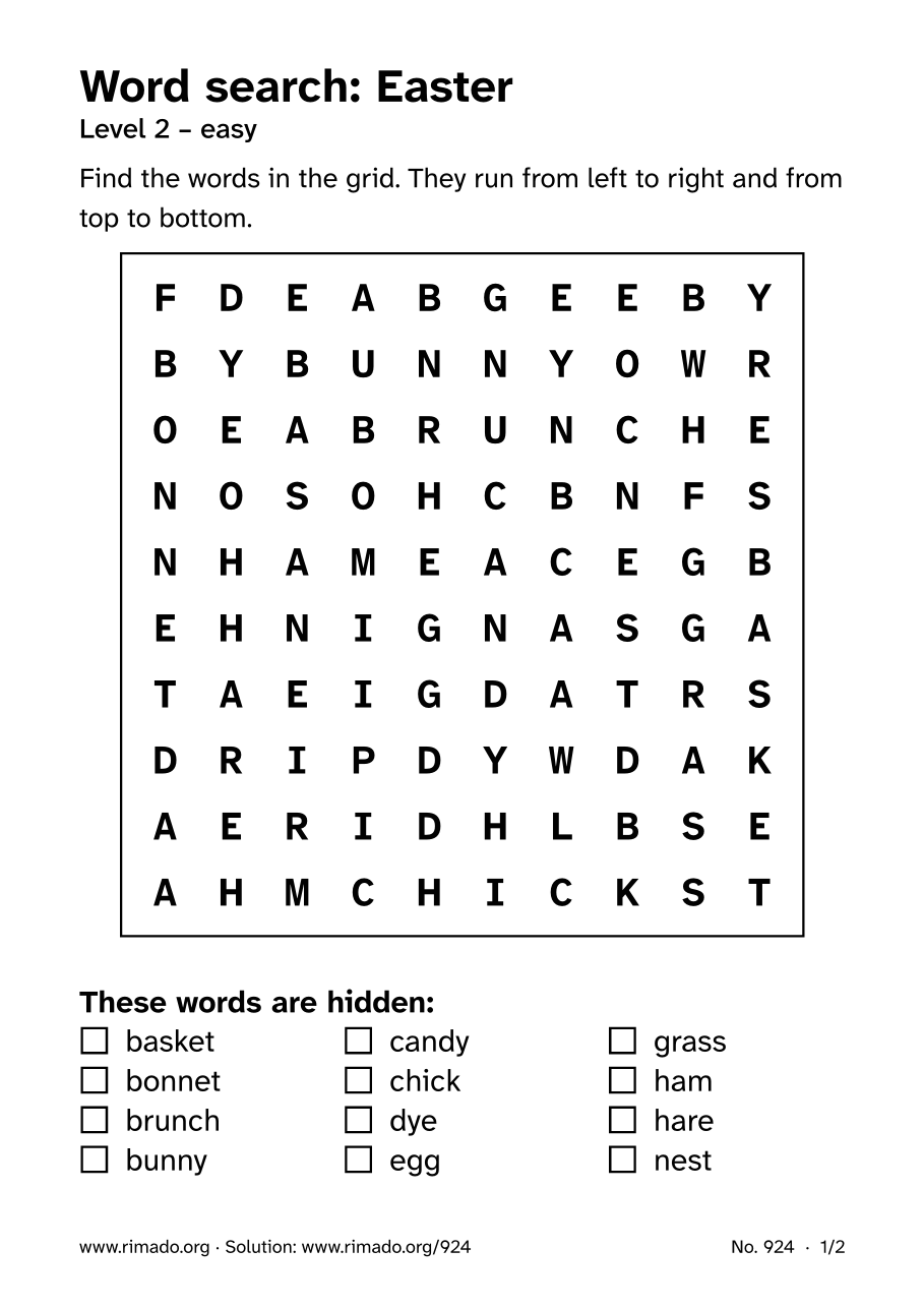 Preview of the printed page: Word search “Easter”, no. 924