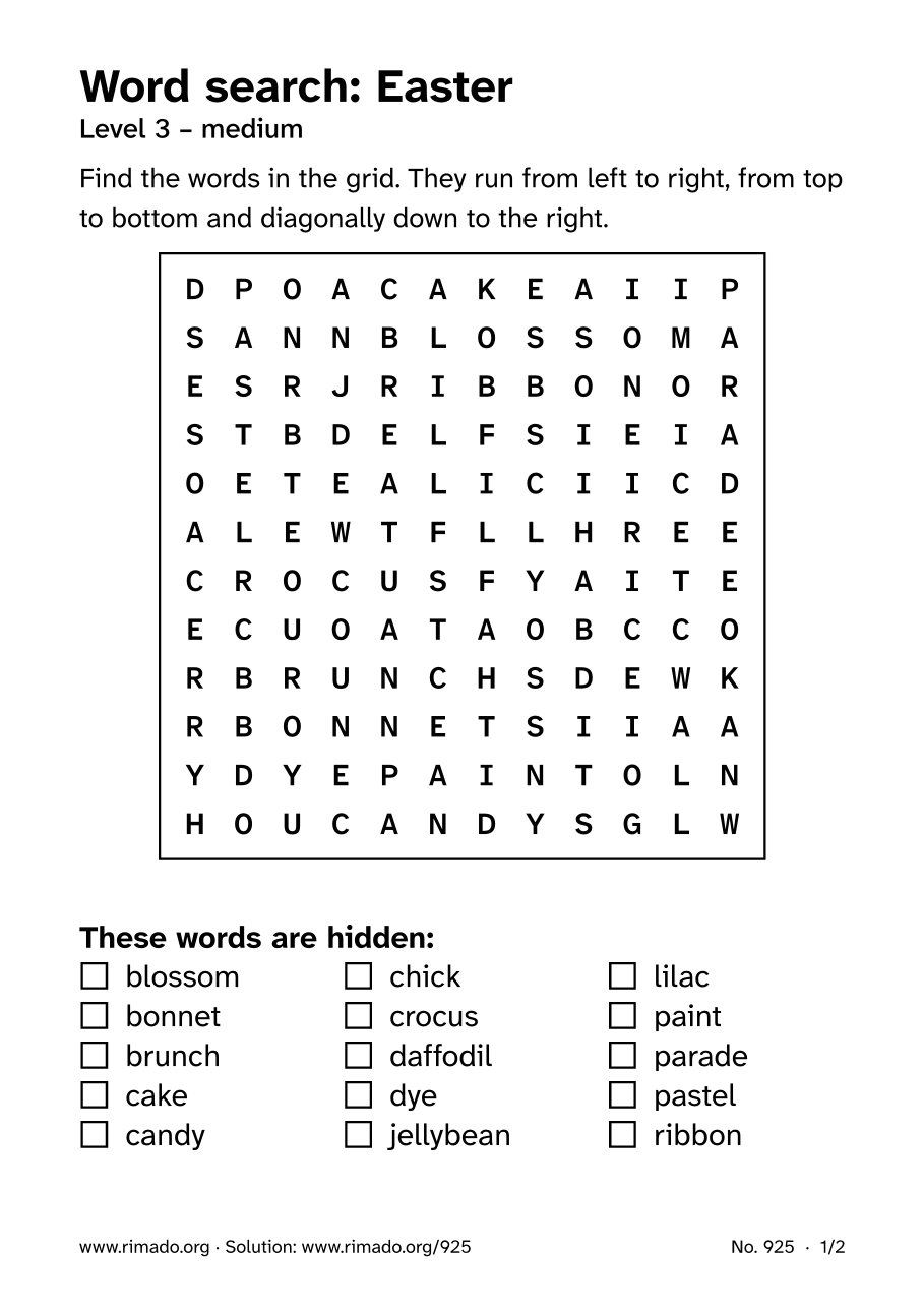 Preview of the printed page: Word search “Easter”, no. 925