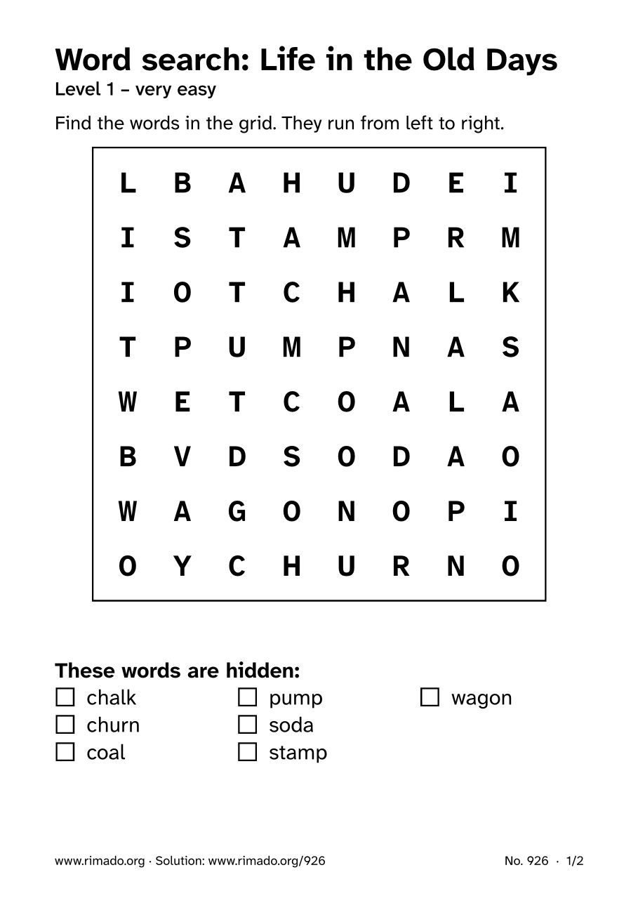 Preview of the printed page: Word search “Life in the Old Days”, no. 926
