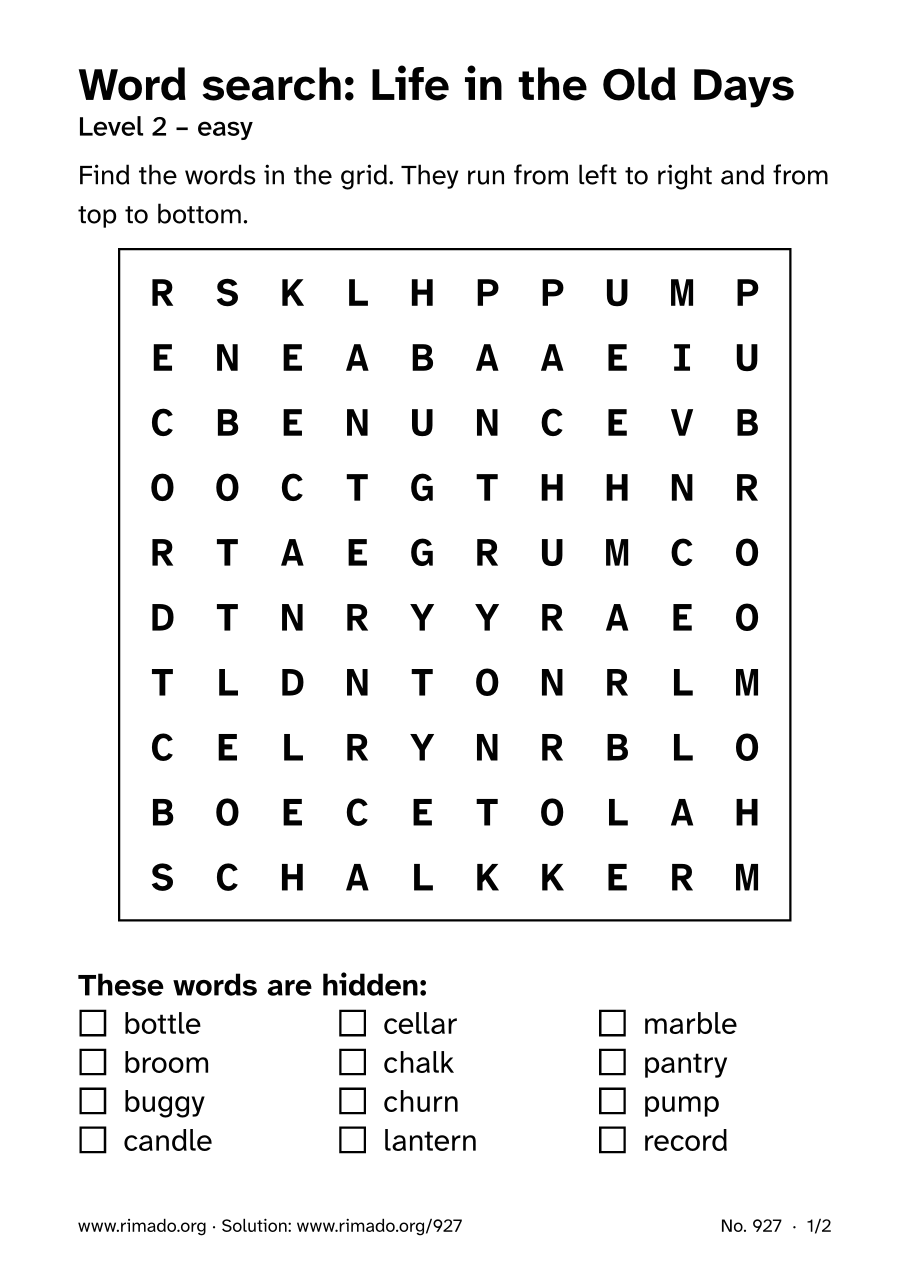 Preview of the printed page: Word search “Life in the Old Days”, no. 927