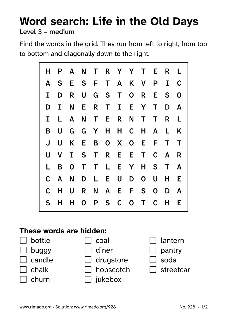 Preview of the printed page: Word search “Life in the Old Days”, no. 928