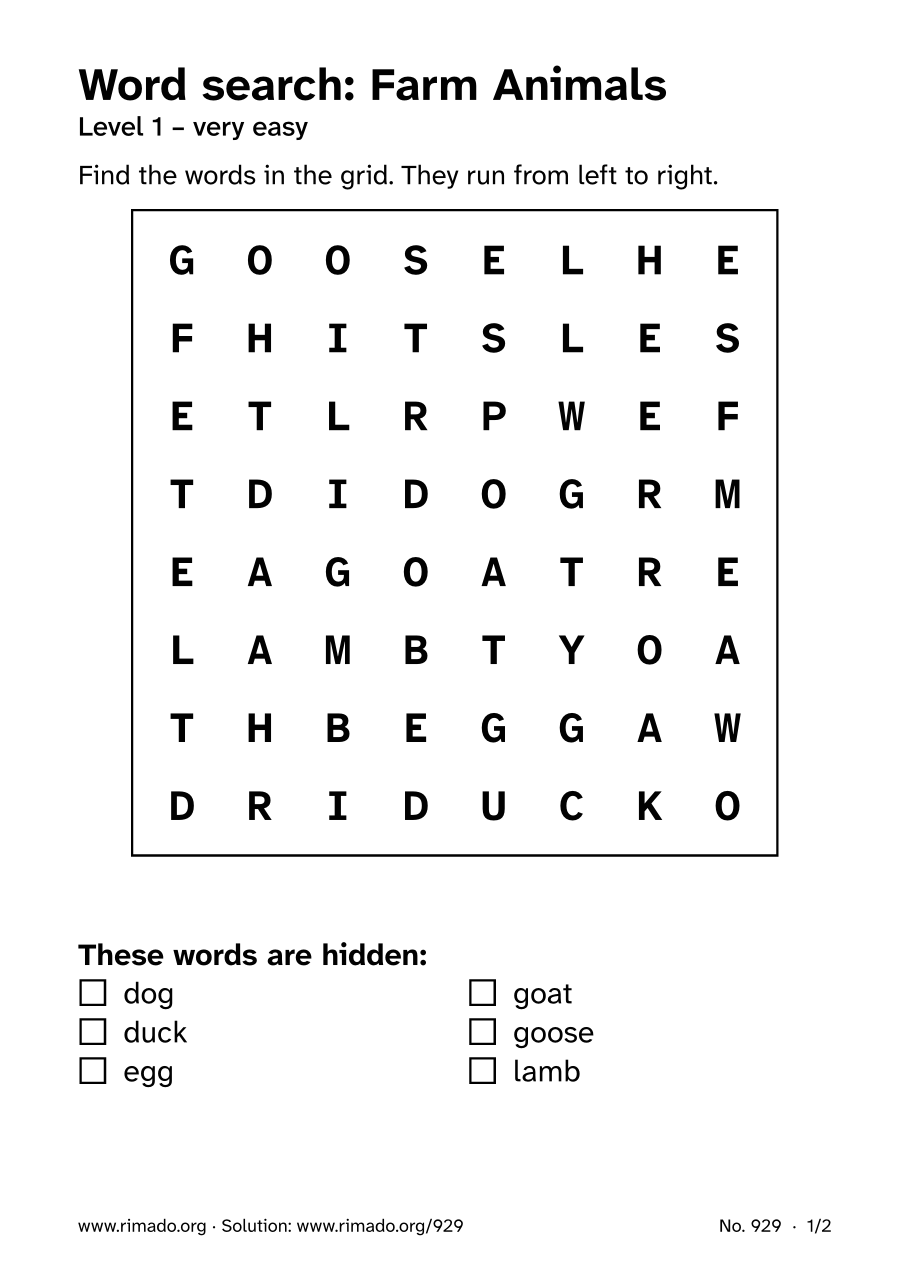 Preview of the printed page: Word search “Farm Animals”, no. 929