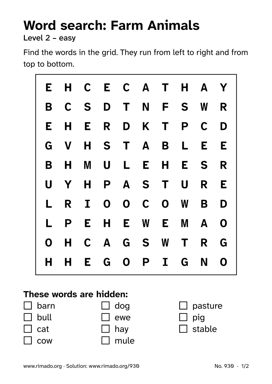 Preview of the printed page: Word search “Farm Animals”, no. 930