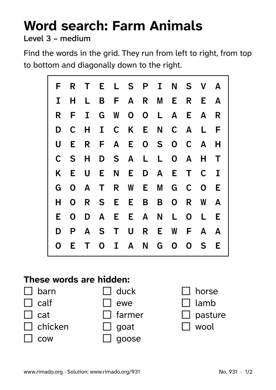 Preview of the printed page: Word search “Farm Animals”, no. 931
