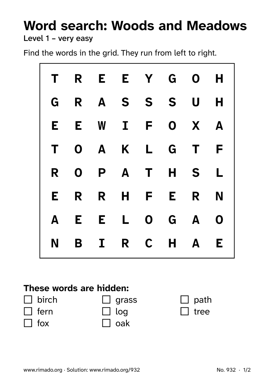 Preview of the printed page: Word search “Woods and Meadows”, no. 932