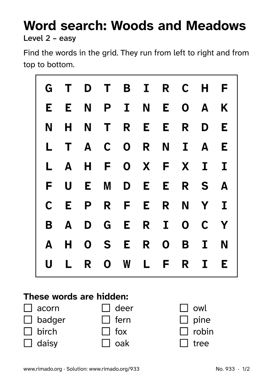 Preview of the printed page: Word search “Woods and Meadows”, no. 933