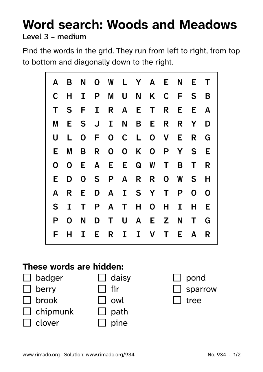 Preview of the printed page: Word search “Woods and Meadows”, no. 934