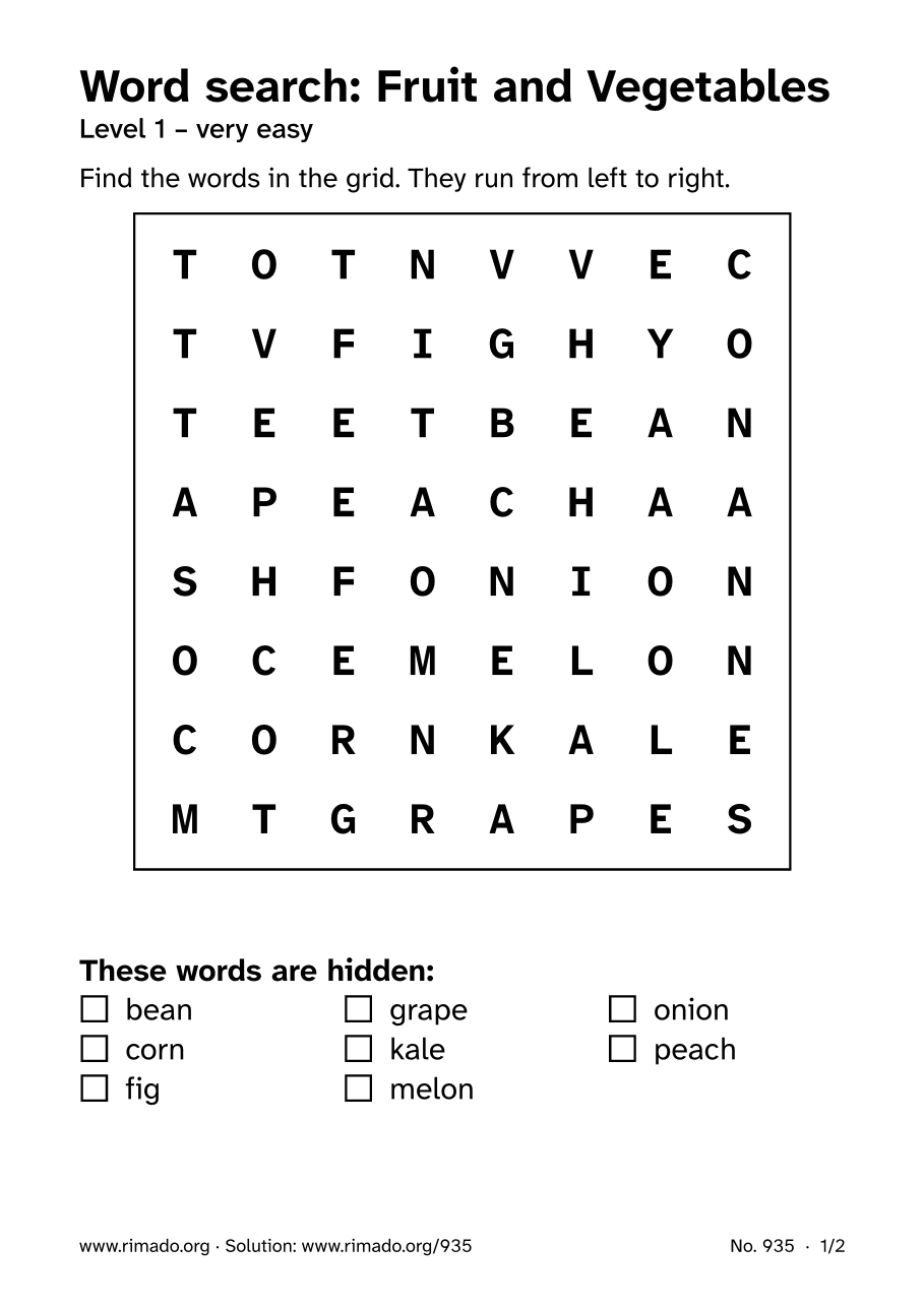 Preview of the printed page: Word search “Fruit and Vegetables”, no. 935