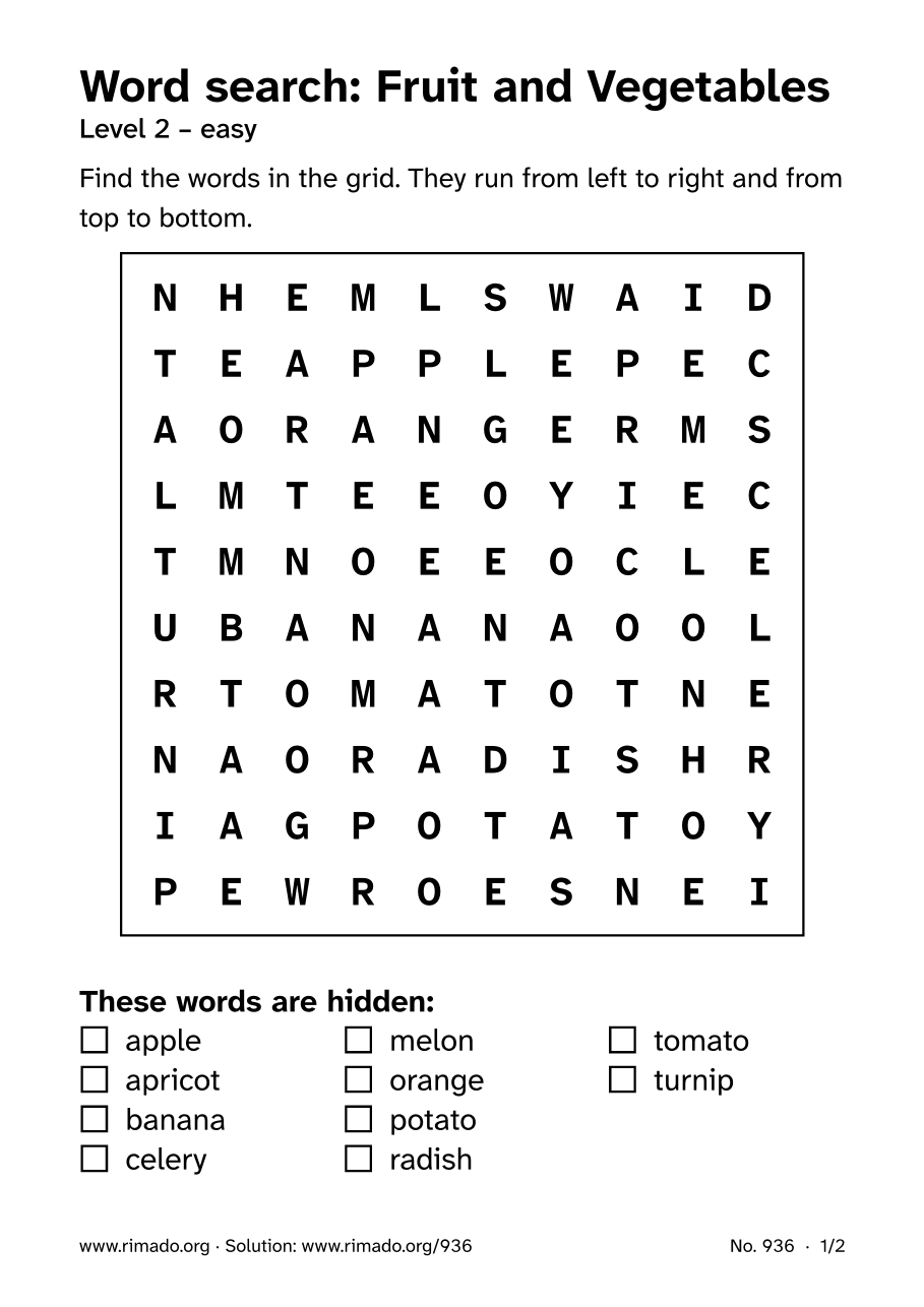 Preview of the printed page: Word search “Fruit and Vegetables”, no. 936