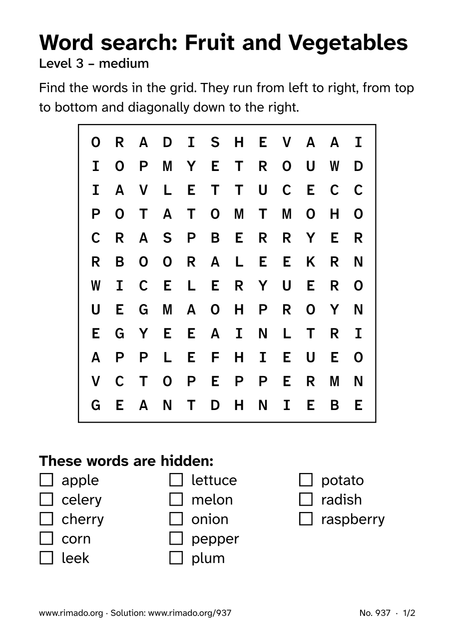 Preview of the printed page: Word search “Fruit and Vegetables”, no. 937