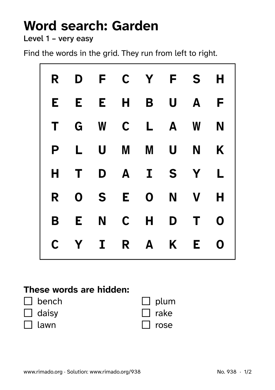 Preview of the printed page: Word search “Garden”, no. 938