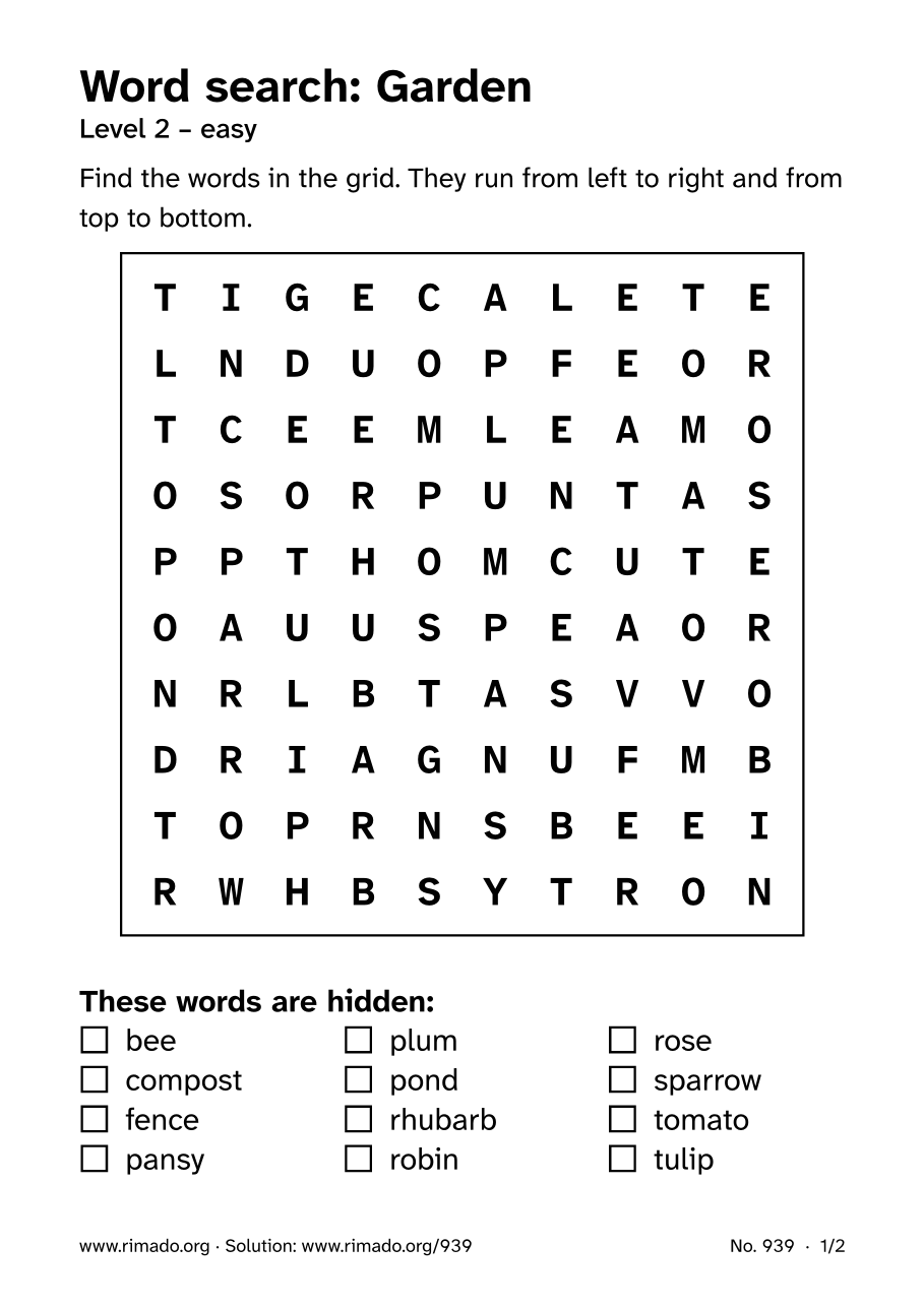 Preview of the printed page: Word search “Garden”, no. 939