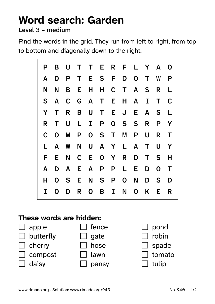 Preview of the printed page: Word search “Garden”, no. 940