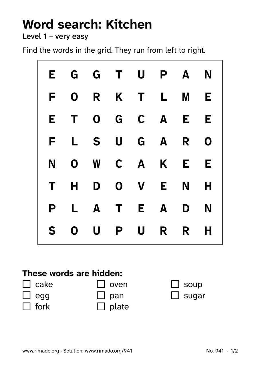 Preview of the printed page: Word search “Kitchen”, no. 941
