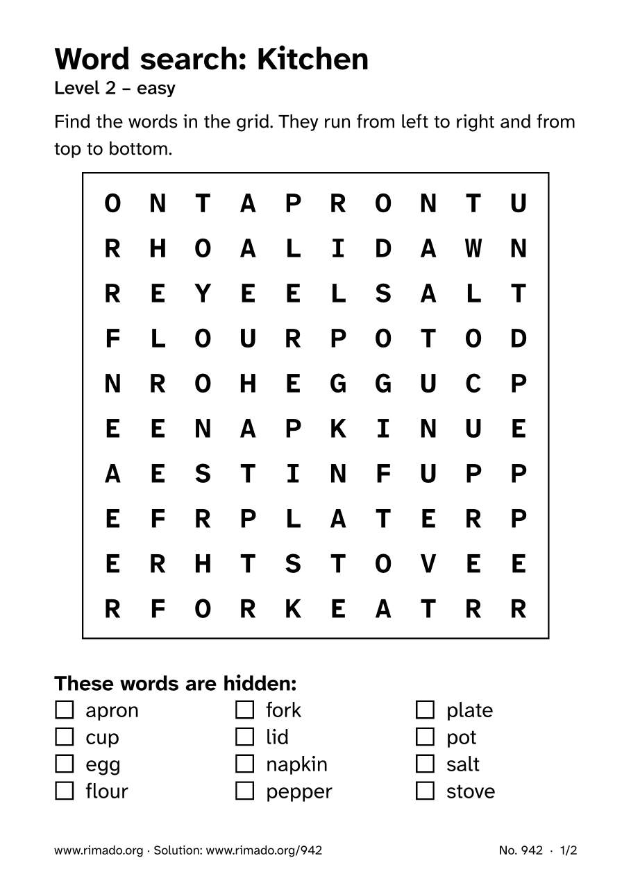 Preview of the printed page: Word search “Kitchen”, no. 942