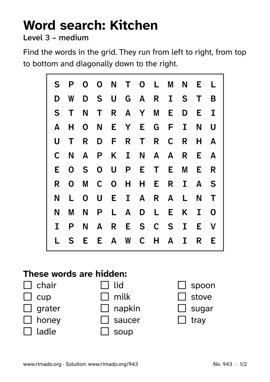 Preview of the printed page: Word search “Kitchen”, no. 943