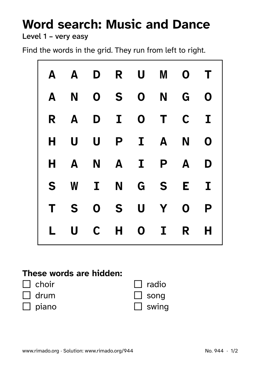 Preview of the printed page: Word search “Music and Dance”, no. 944