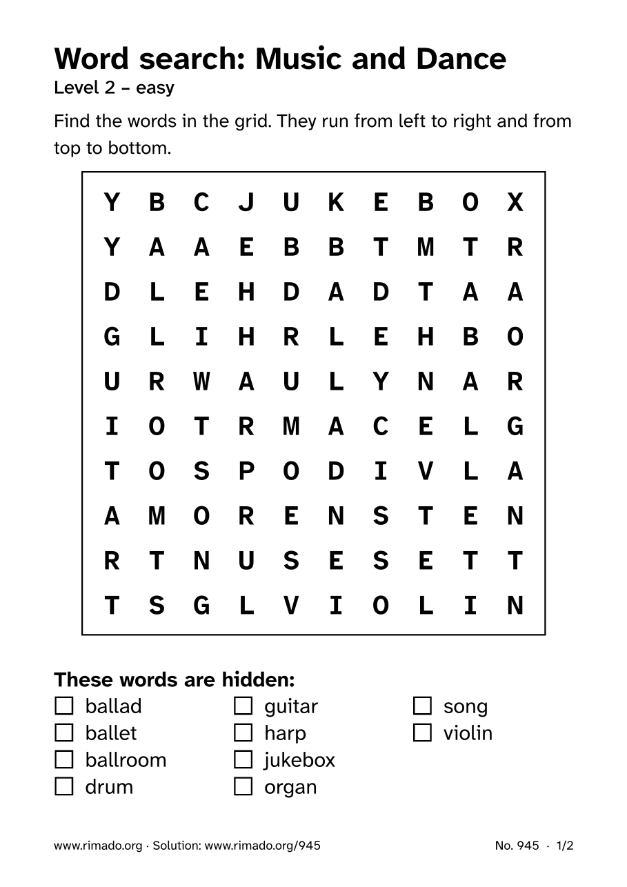 Preview of the printed page: Word search “Music and Dance”, no. 945