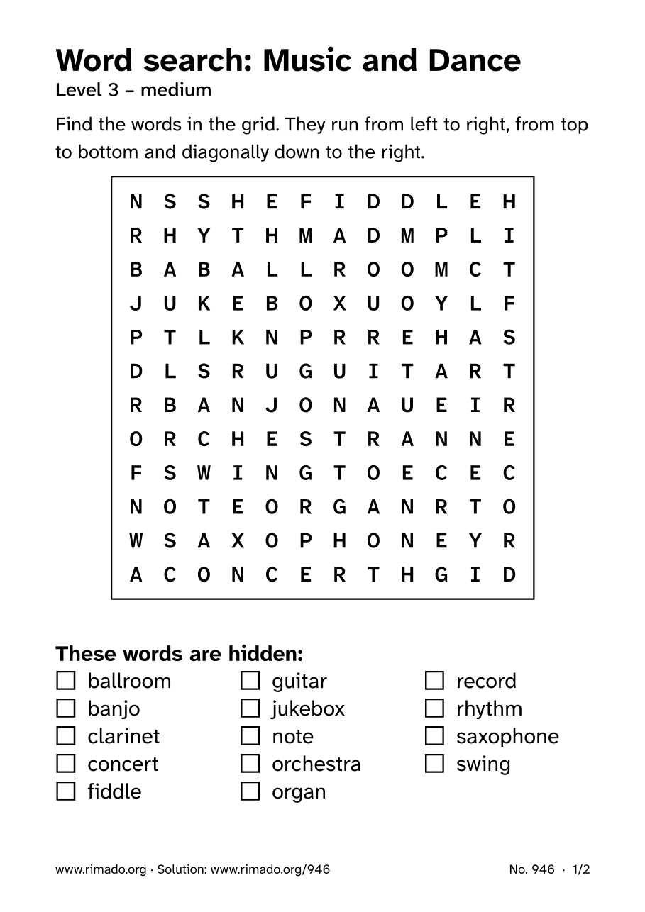 Preview of the printed page: Word search “Music and Dance”, no. 946