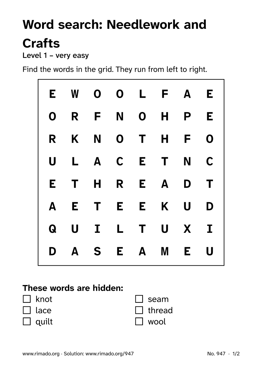 Preview of the printed page: Word search “Needlework and Crafts”, no. 947