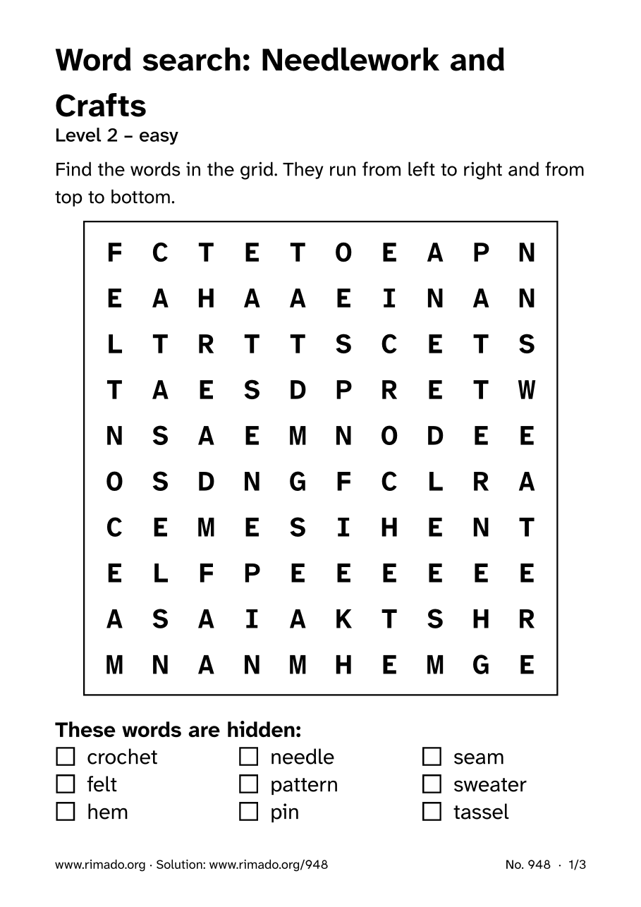 Preview of the printed page: Word search “Needlework and Crafts”, no. 948