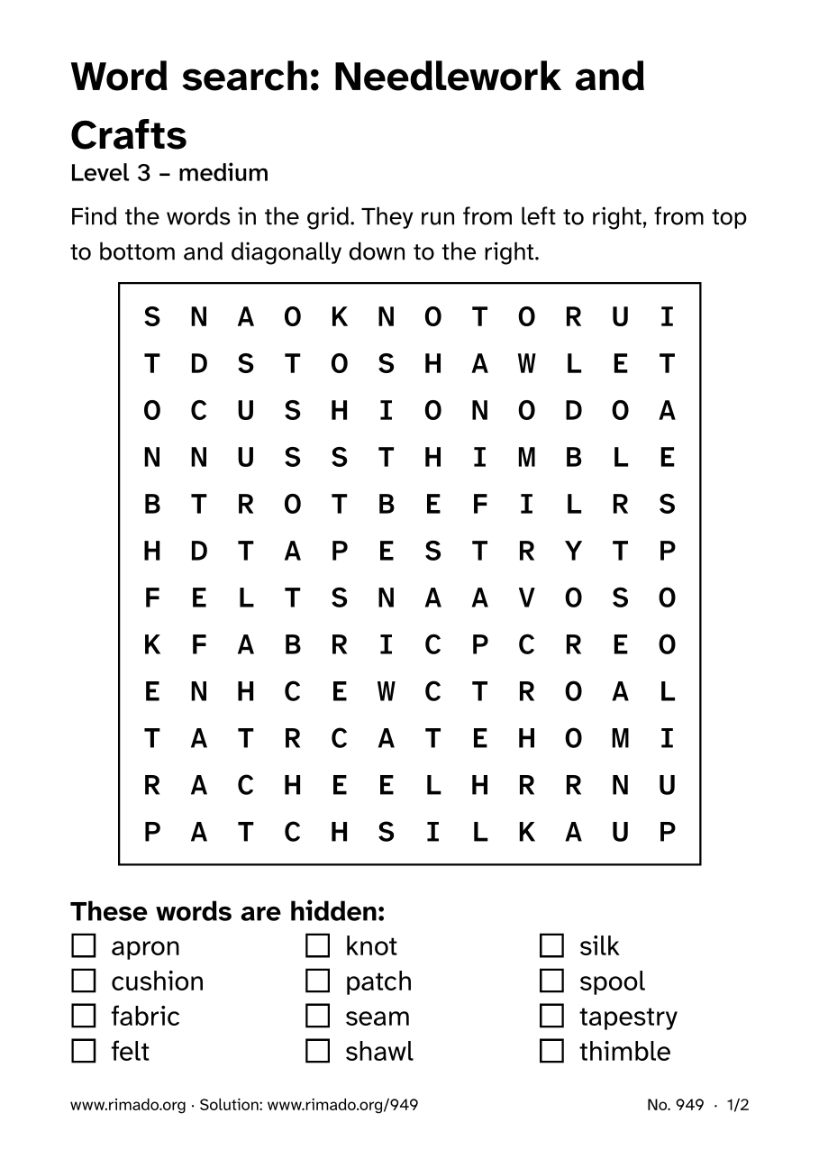 Preview of the printed page: Word search “Needlework and Crafts”, no. 949