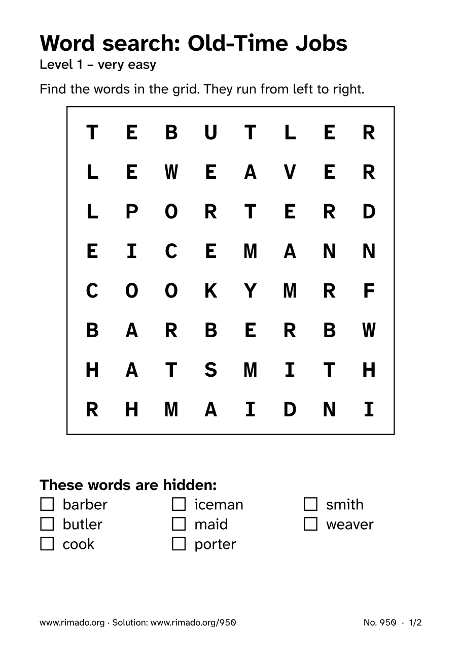Preview of the printed page: Word search “Old-Time Jobs”, no. 950