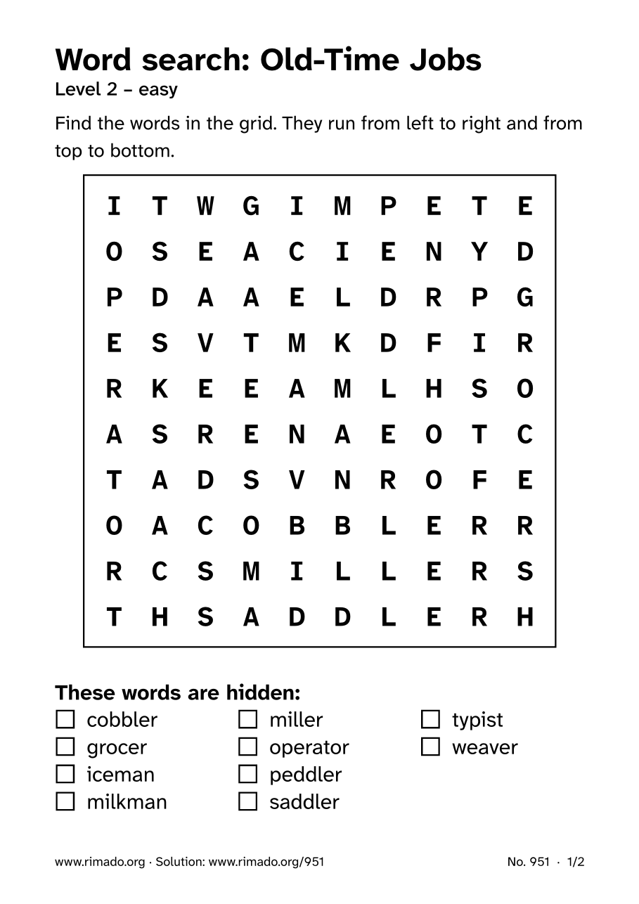 Preview of the printed page: Word search “Old-Time Jobs”, no. 951