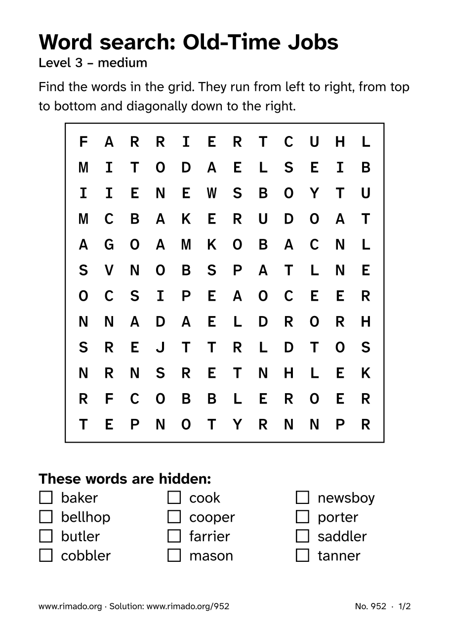 Preview of the printed page: Word search “Old-Time Jobs”, no. 952