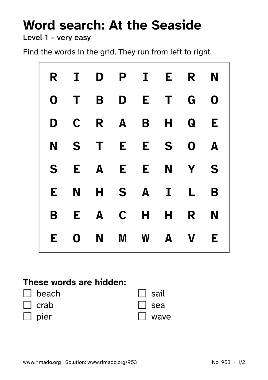Preview of the printed page: Word search “At the Seaside”, no. 953