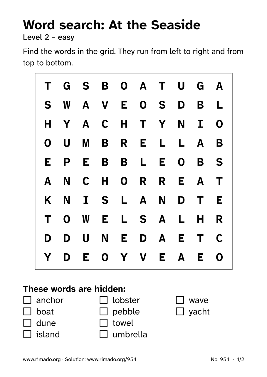 Preview of the printed page: Word search “At the Seaside”, no. 954