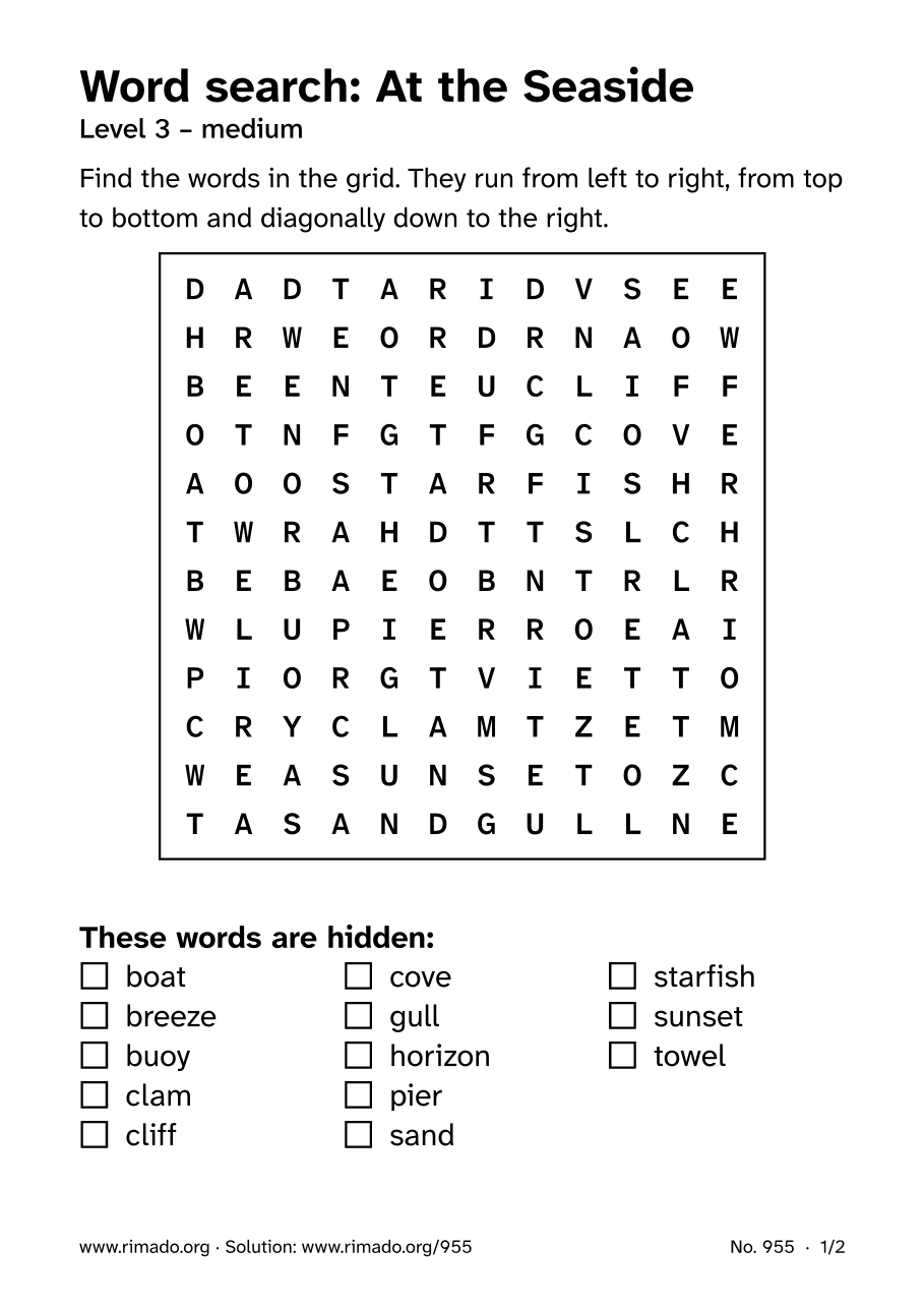 Preview of the printed page: Word search “At the Seaside”, no. 955
