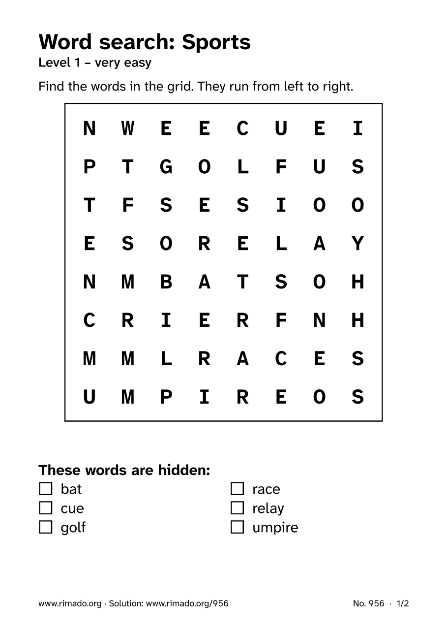 Preview of the printed page: Word search “Sports”, no. 956