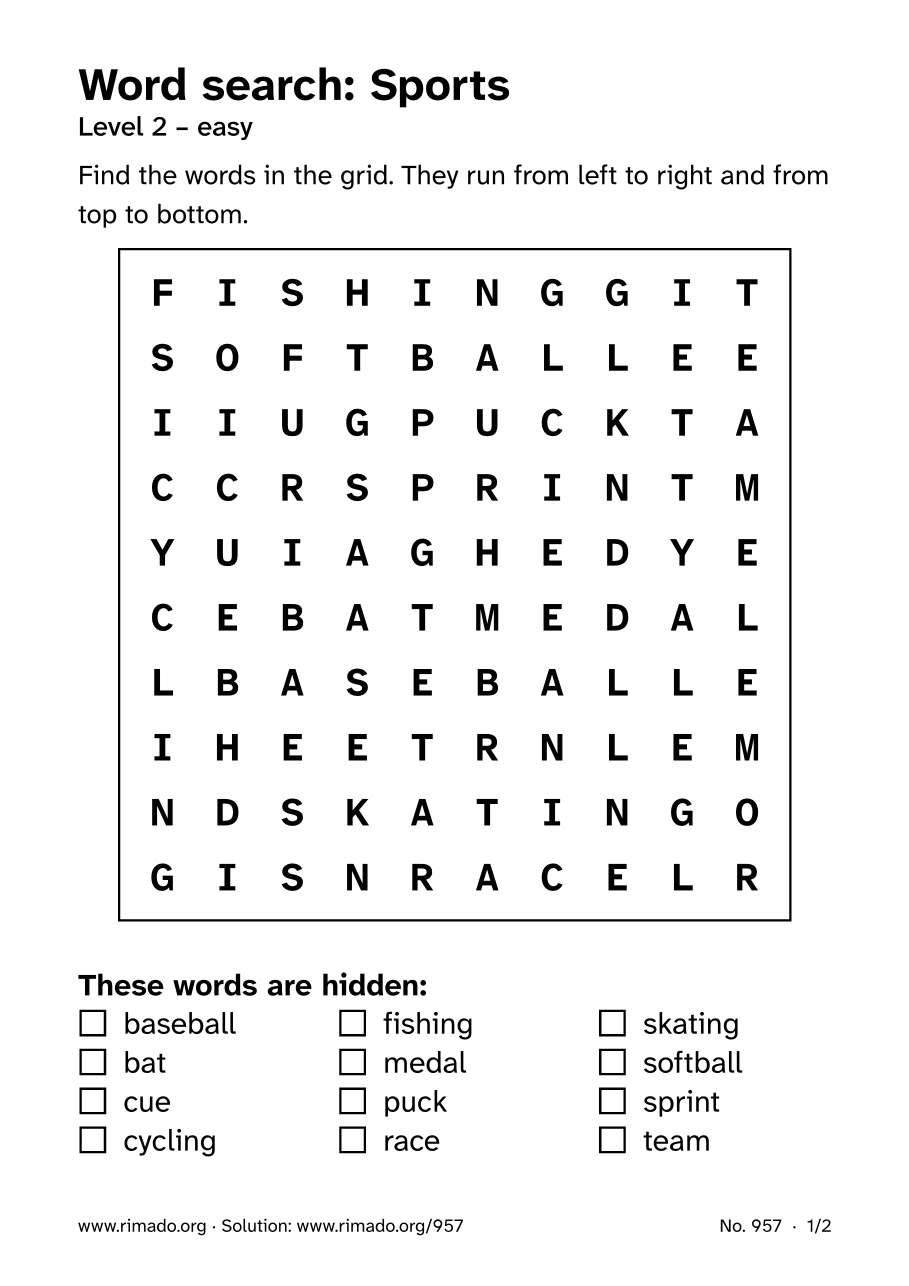 Preview of the printed page: Word search “Sports”, no. 957