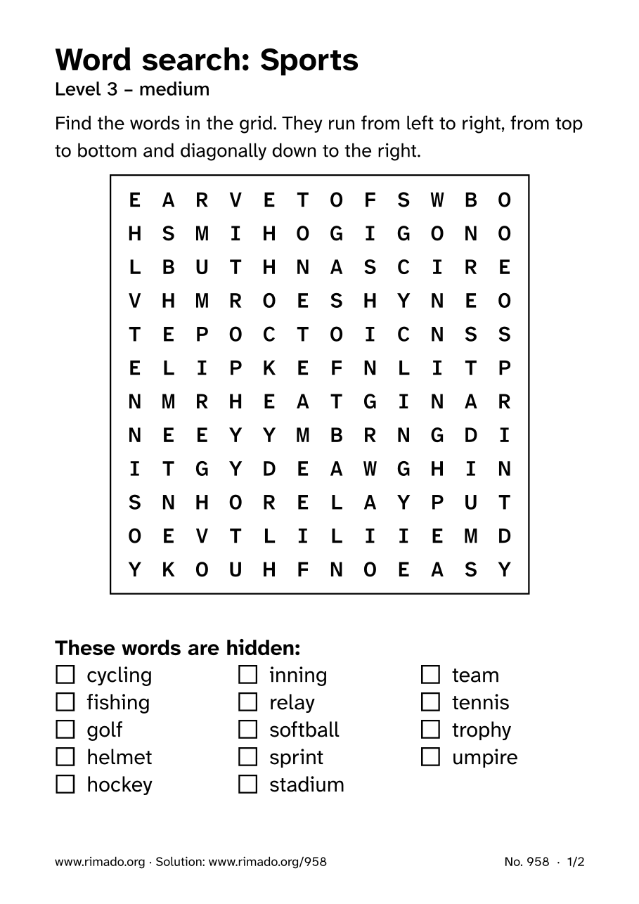 Preview of the printed page: Word search “Sports”, no. 958